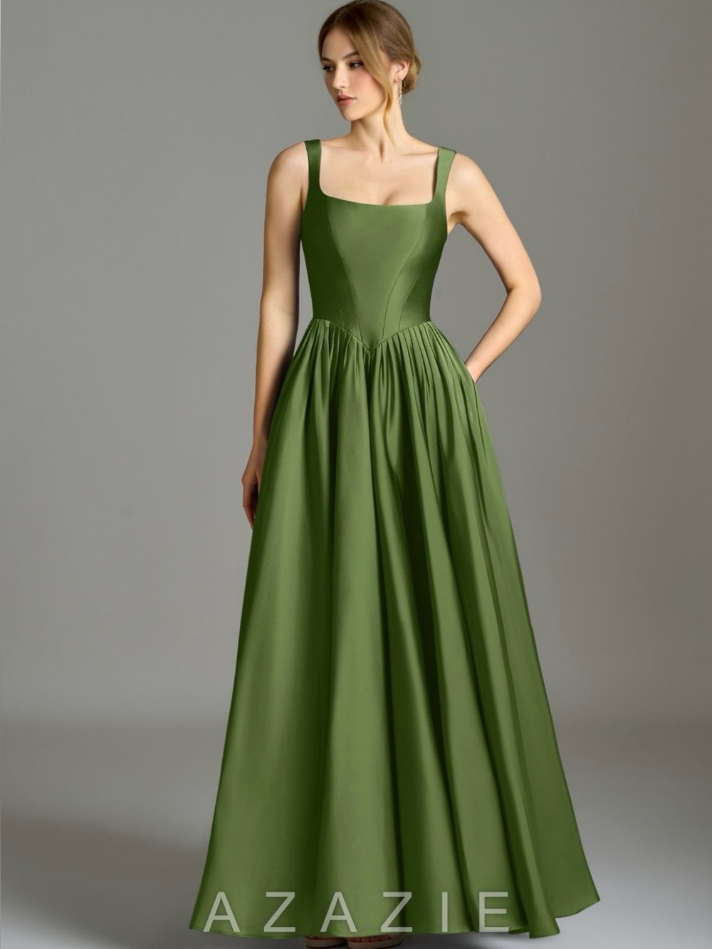 Azazie Olive Green Satin Maxi Dress